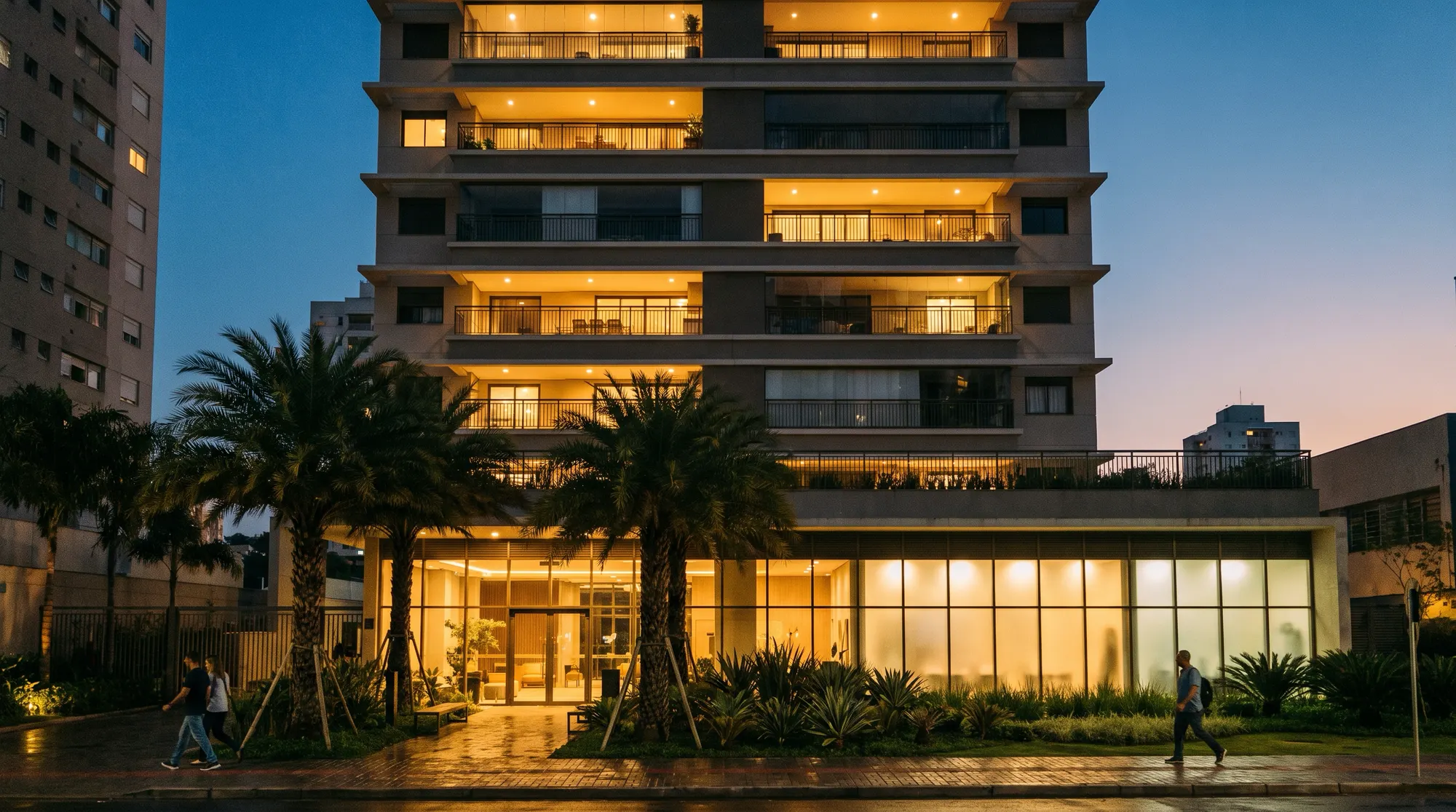 Condomínio residencial ao anoitecer